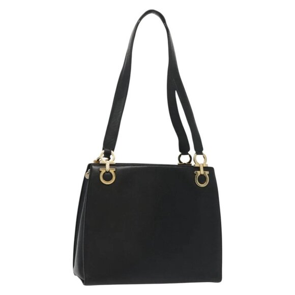 Salvatore Ferragamo Gancini Shoulder Bag Leather Black Gold Auth 137871 - Picture 1 of 16